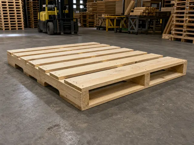 New wood pallet on a plant floor showing forklift-entry notches along a side stringer