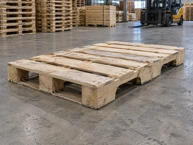 Opposite-corner view of a wood pallet showing three end stringer positions and notches in the visible outer side
