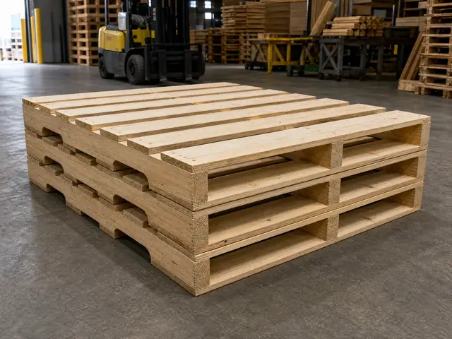 Warehouse stack of newly assembled wood pallets with side-entry notches