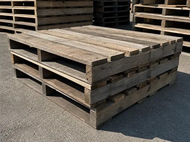 Weathered repaired wood pallets staged in a working pallet yard