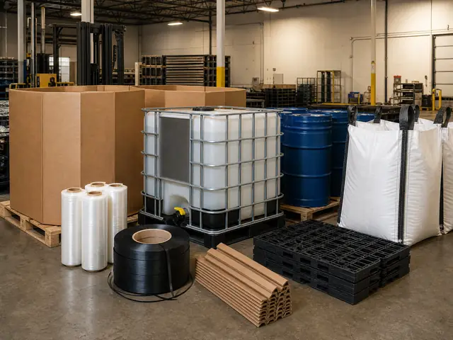 Pallets, totes, drums, and packaging organized in one warehouse zone