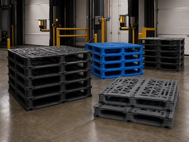 Black, gray, and blue plastic pallets in a distribution facility
