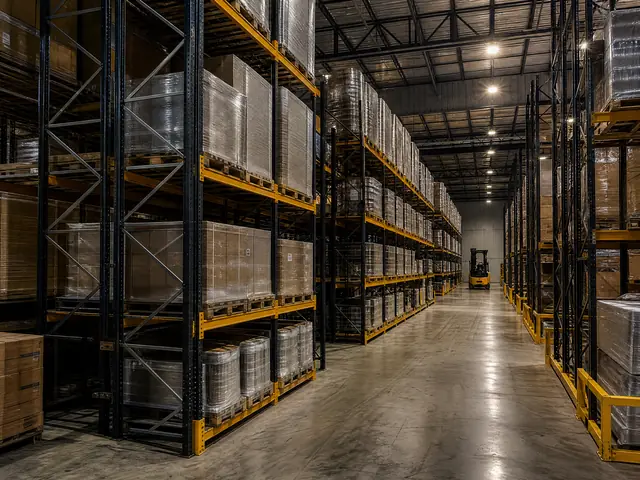 High-bay pallet storage system and warehouse aisle