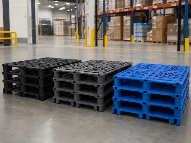 Nestable plastic pallets showing molded leg geometry