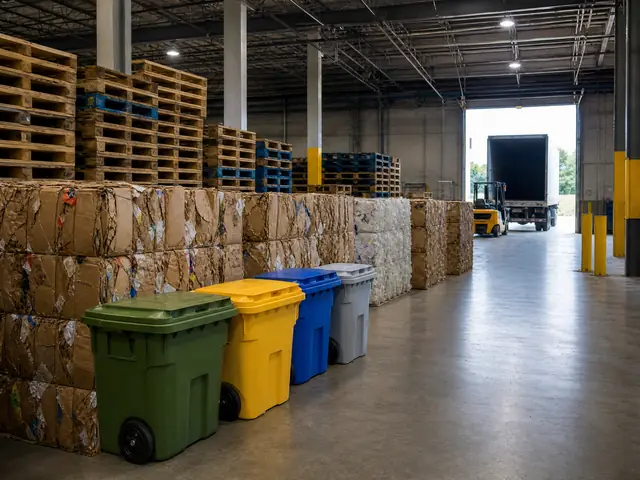 Baled corrugated cardboard in an organized warehouse recovery zone