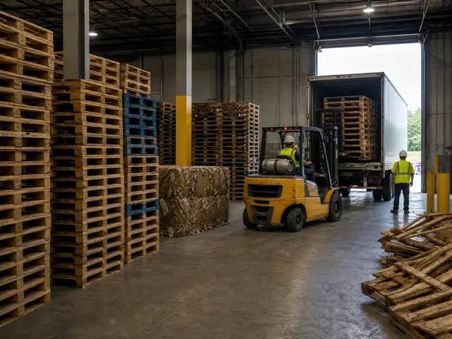 Forklift loading pallet inventory at a warehouse dock